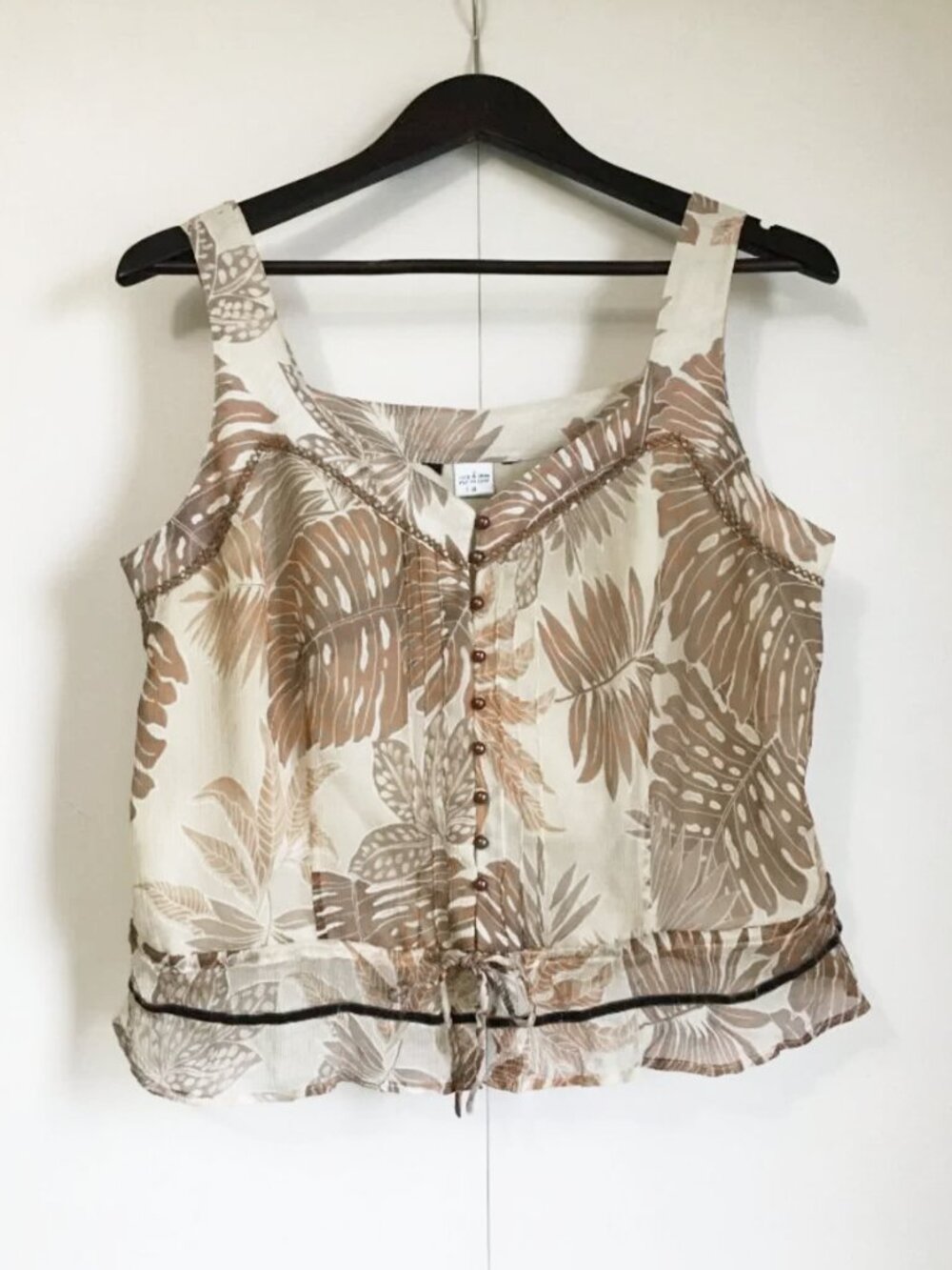 NORDSTROM 100% Silk Coquette Frilly Velvet Trim Tie Waist Brass Button Tank